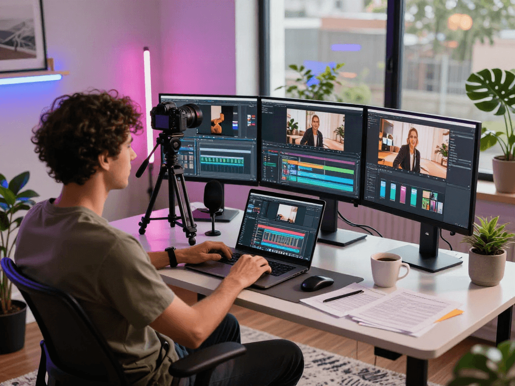 Scène de production vidéo moderne avec Atlas pro, créateur au bureau dynamique