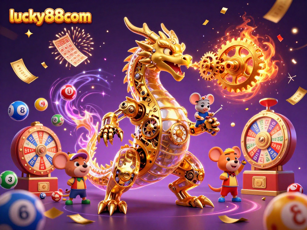 Experience thrilling wins at lucky88com with vibrant prizes and engaging game elements in this festive casino illustration.