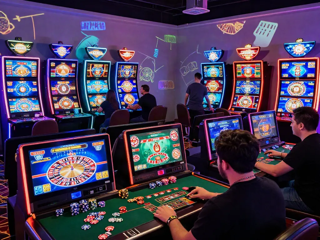 Scène de casino en ligne animée avec des joueurs autour de machines à sous et roulette en ligne.