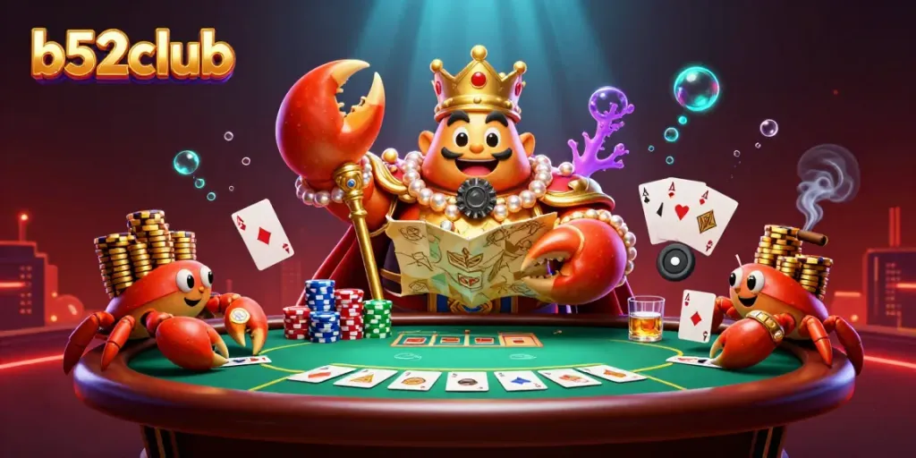 Compete with b52club's golden crab emperor in a vibrant casino scene dominated by poker elements.