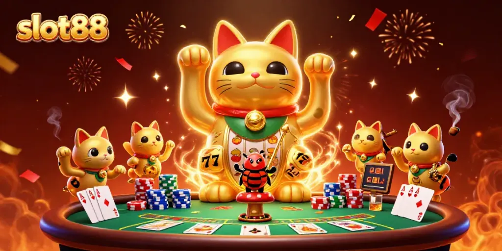 Engage with slot88 as a golden firefly lucky cat surrounded by vibrant casino elements.