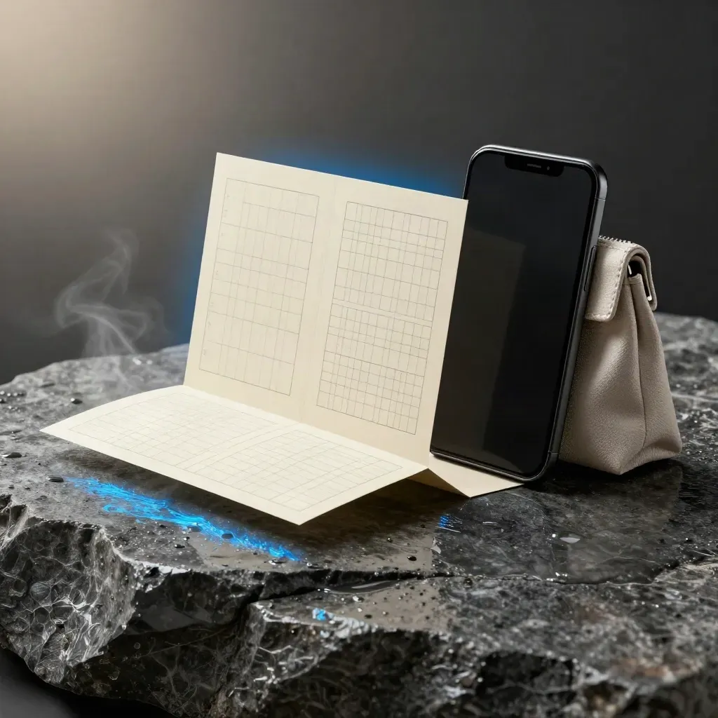 Maquette de page de vente sur pierre mouillée, téléphone factice et cartes graphiques, lumière bleue.