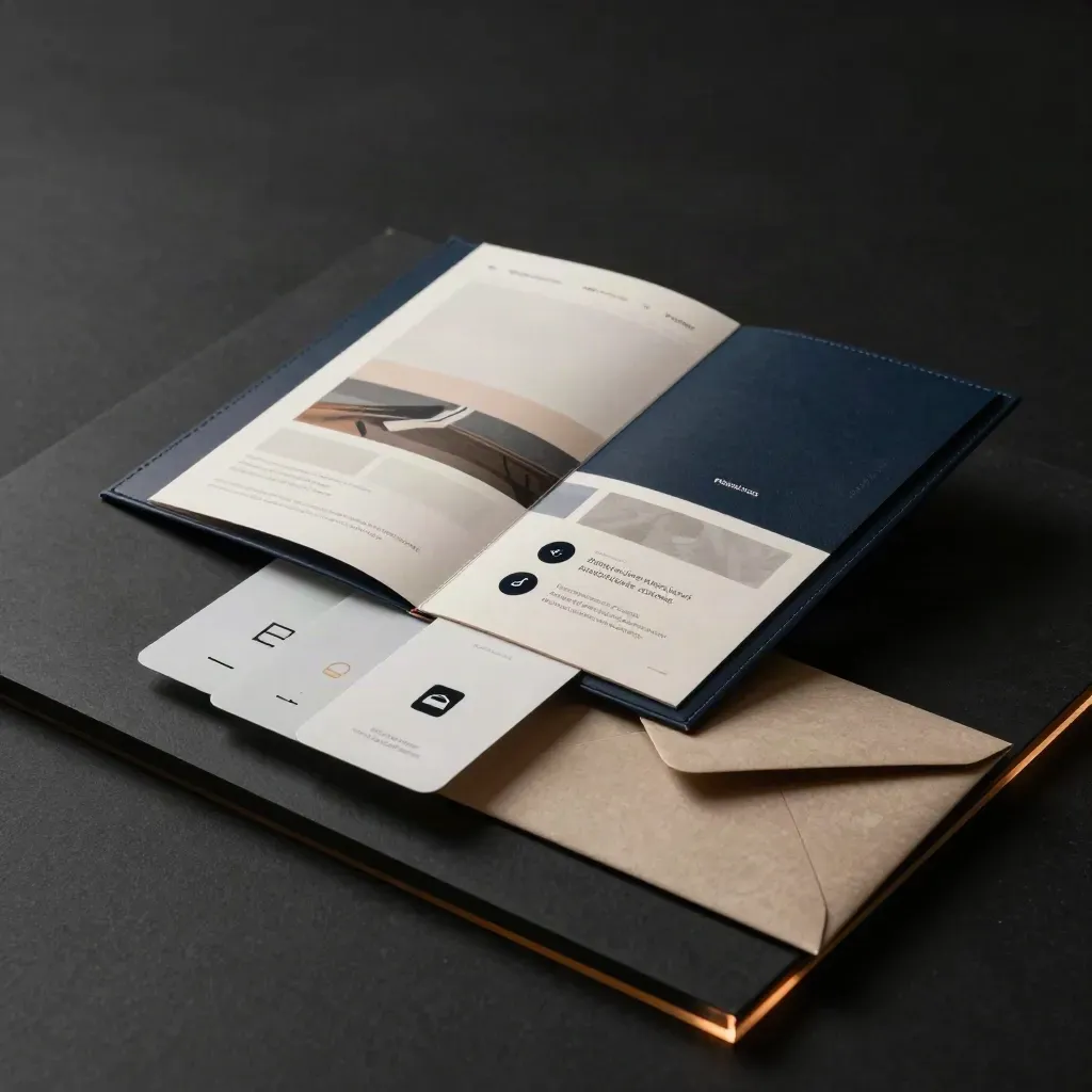 Kit de lancement pour agence, portfolio, cartes sociales et enveloppe sur fond sombre.