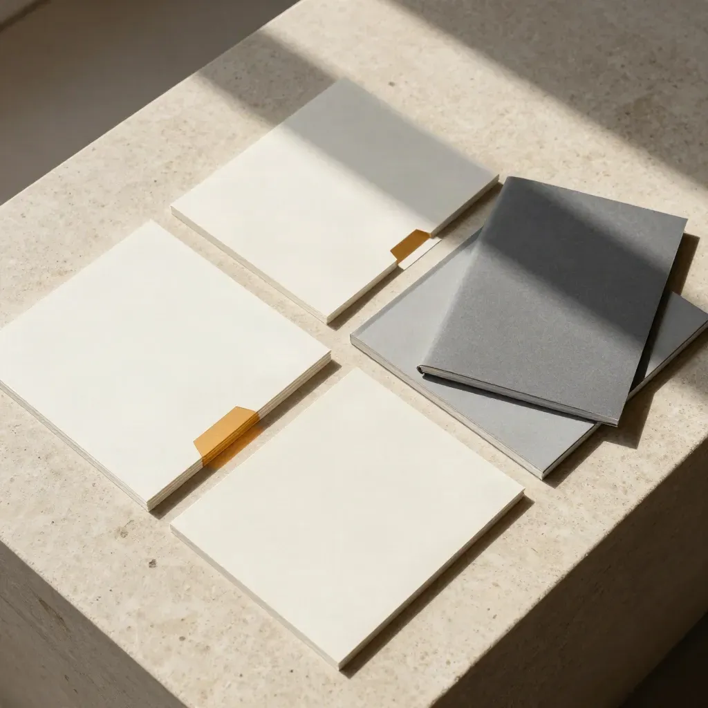 Cartes de copywriting et fiches éditoriales sur travertin, en diagonale.