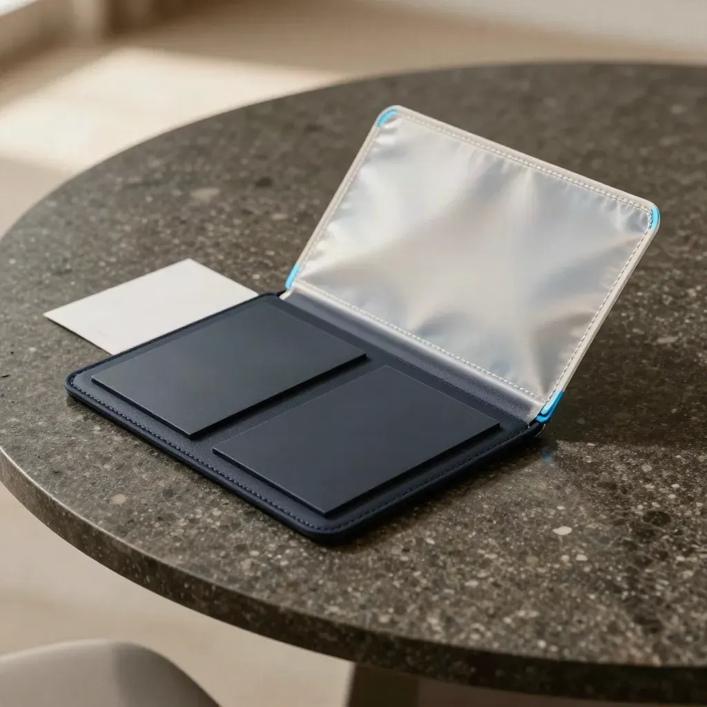 Coffret compact d’audit visuel ouvert sur table sombre, plaques vierges et pochette d’analyse.