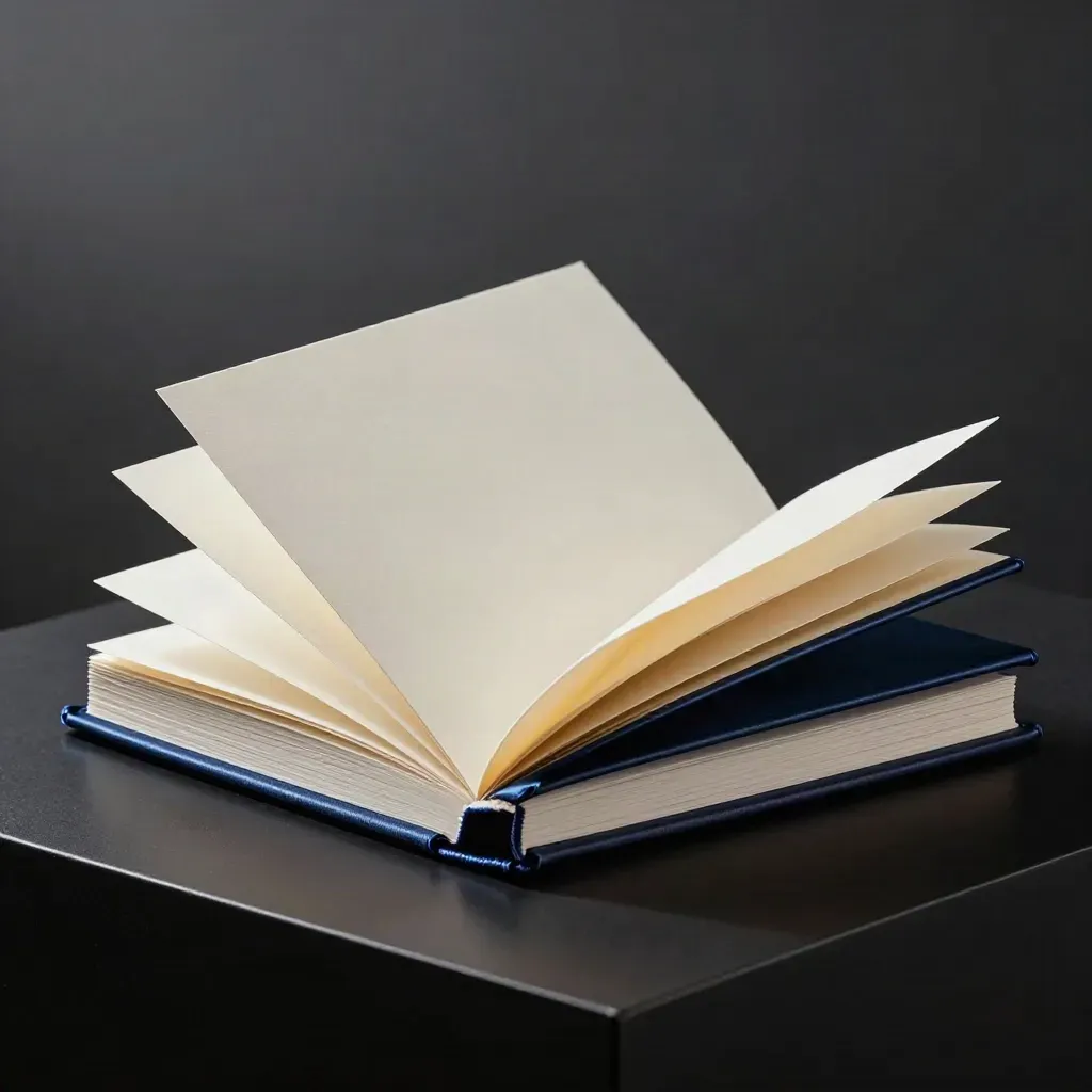 Porte-documents rigide avec chemise satinée et feuillets blancs, éclairage dramatique bleu.