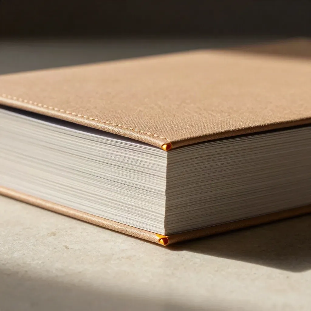 Cahier épais de guide de marque, tranche texturée, onglets ambrés et lumière rasante.