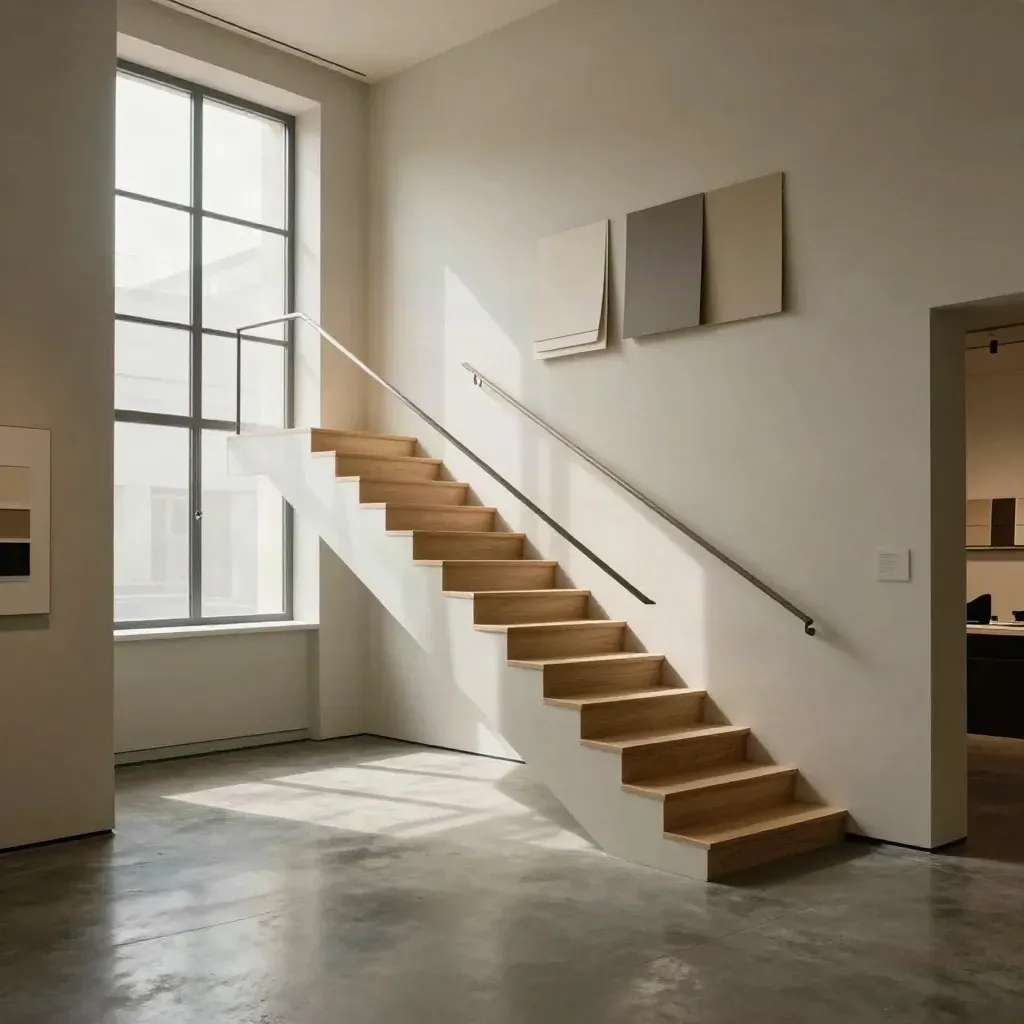 Intérieur architectural lumineux avec escalier fin, baie vitrée et sol en béton poli.