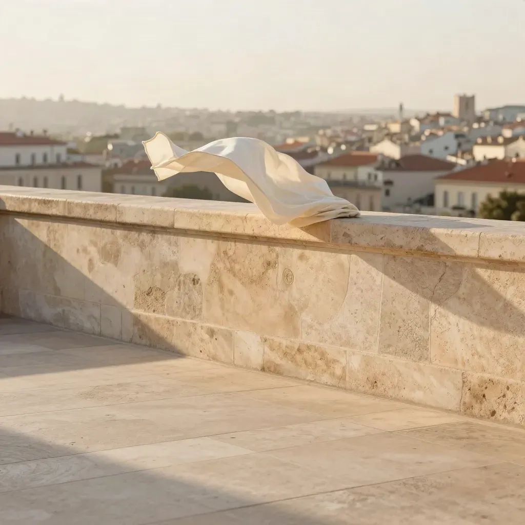 Corniche en pierre beige surplombant une ville floue au soleil doré, avec drapé clair.