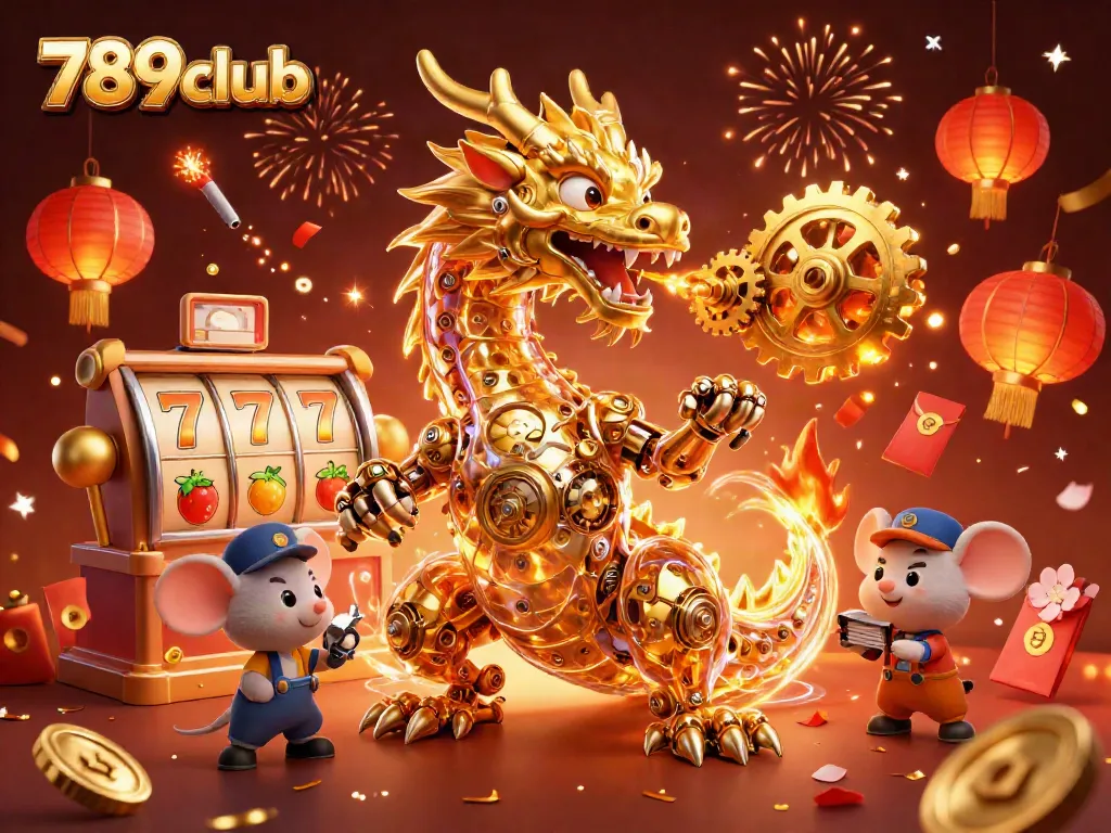 Experience thrilling game action with 789club's vibrant casino illustration featuring slot reels and a golden dragon.
