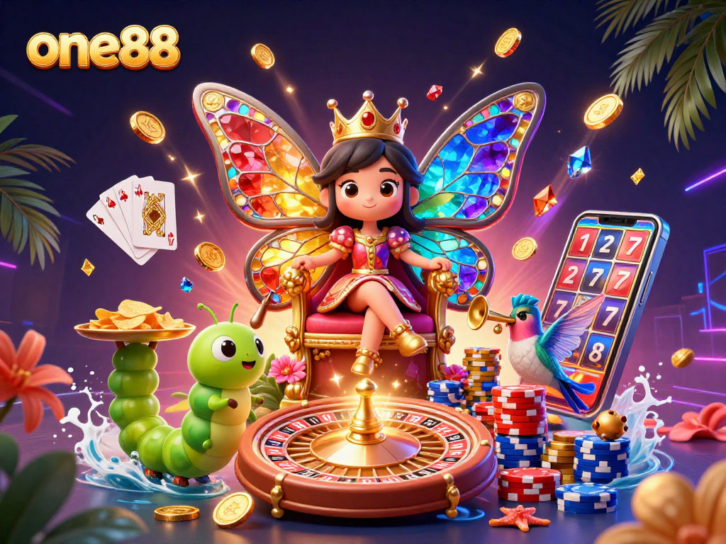Experience thrilling gaming with one88's vibrant casino scene featuring a majestic butterfly queen and dynamic elements.