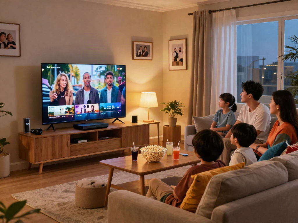 Family enjoying a movie night with Iron tv pro streaming device in a cozy living room.